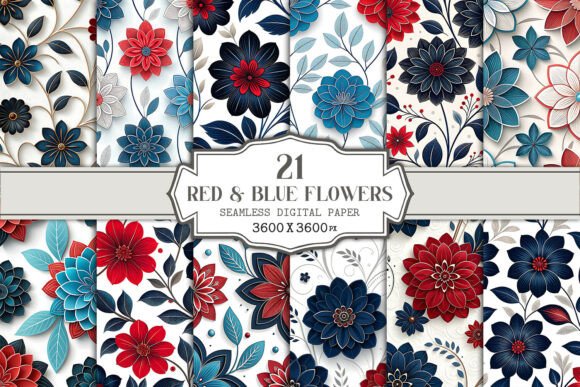 Red Blue Floral Seamless Pattern Bundle