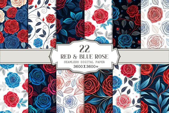 Red Blue Rose Seamless Pattern Bundle