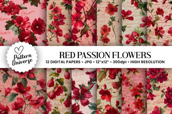 Red Passion Flowers Digital Papers for Strategic Creative Projects