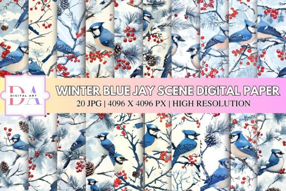 Winter Blue Jay Scene Digital Paper